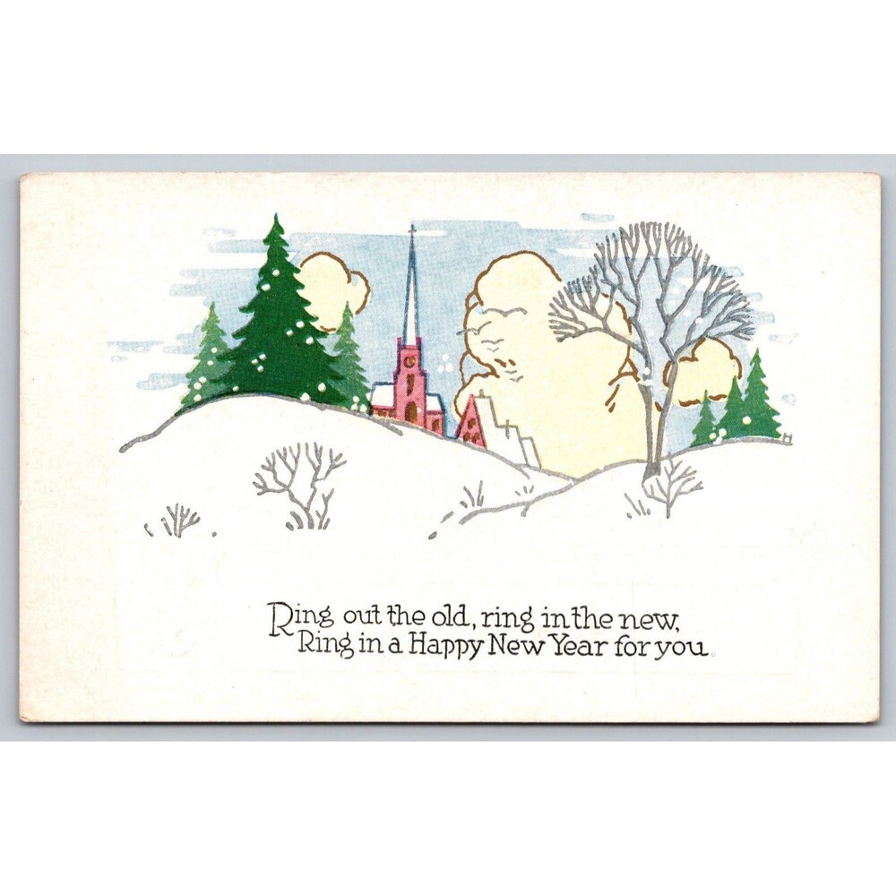 Vintage New Year Postcard Church Winter Snow Scene Ring Out The Old Greeting